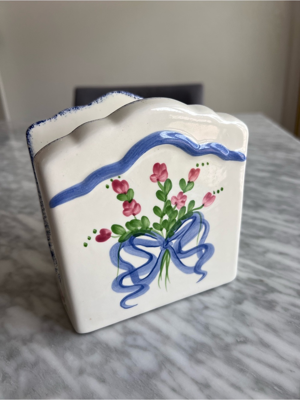 Hand-Painted Floral Ceramic Napkin Holder - Blue and Pink